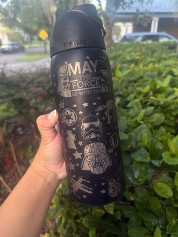 Black Owala FreeSip laser engraved with a Star Wars-inspired 'May the Force' design