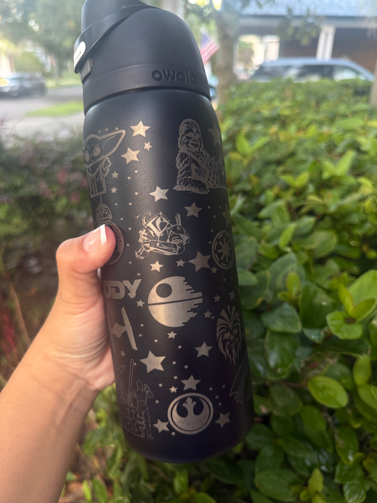 Back of a black Star Wars-inspired engraved Owala FreeSip