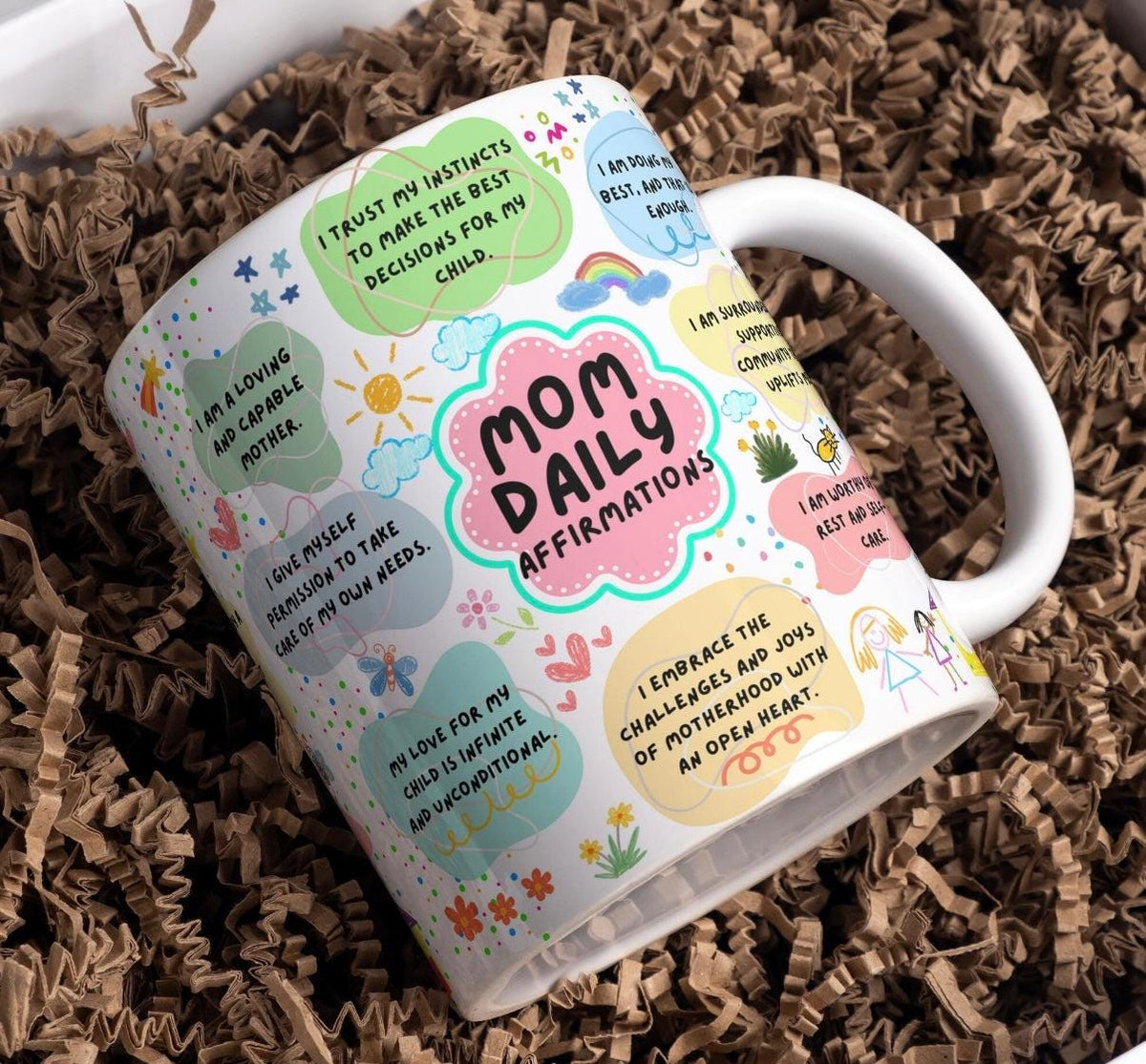 Mom affirmations coffee mug on a textured background