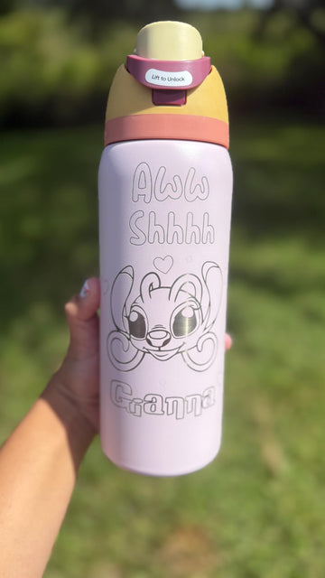 Light pink Owala FreeSip laser engraved with an Angel-inspired design and a name