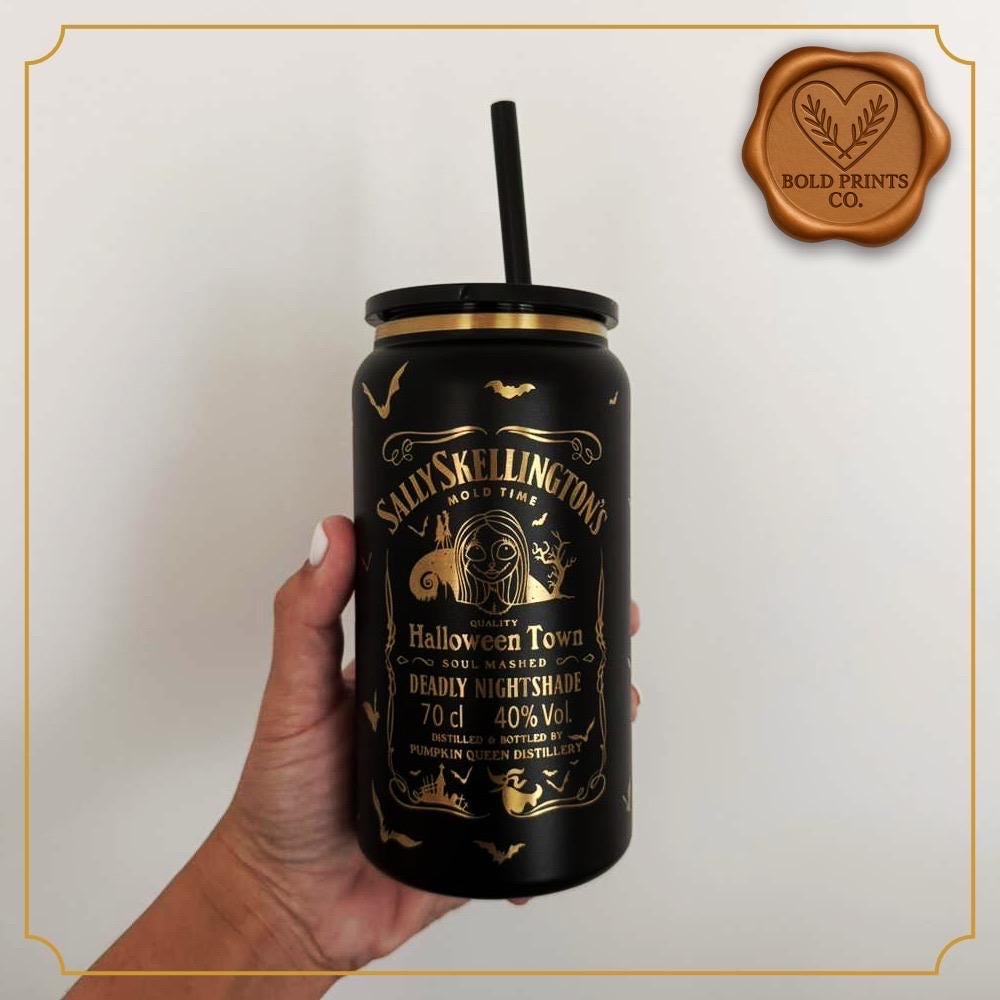 Black engraved Halloween can tumbler with lid and straw