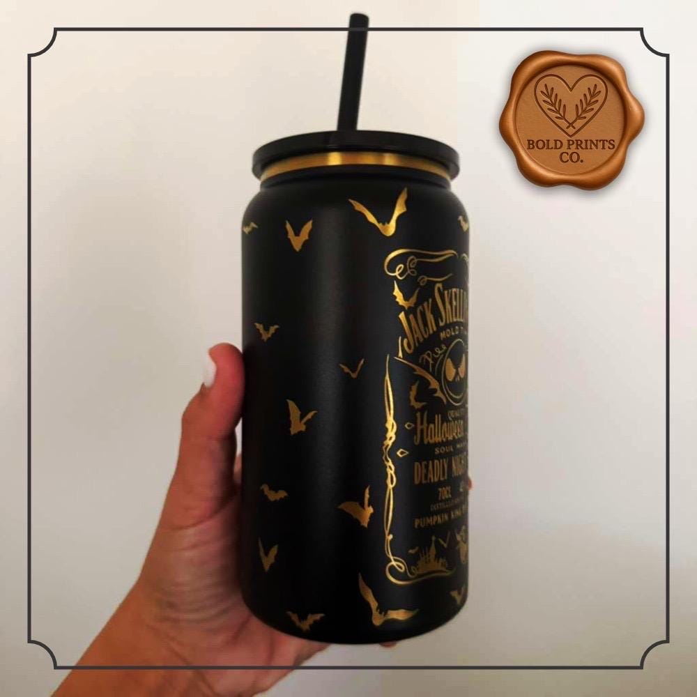 Close-up of Sally-inspired engraving on a black 16 oz tumbler