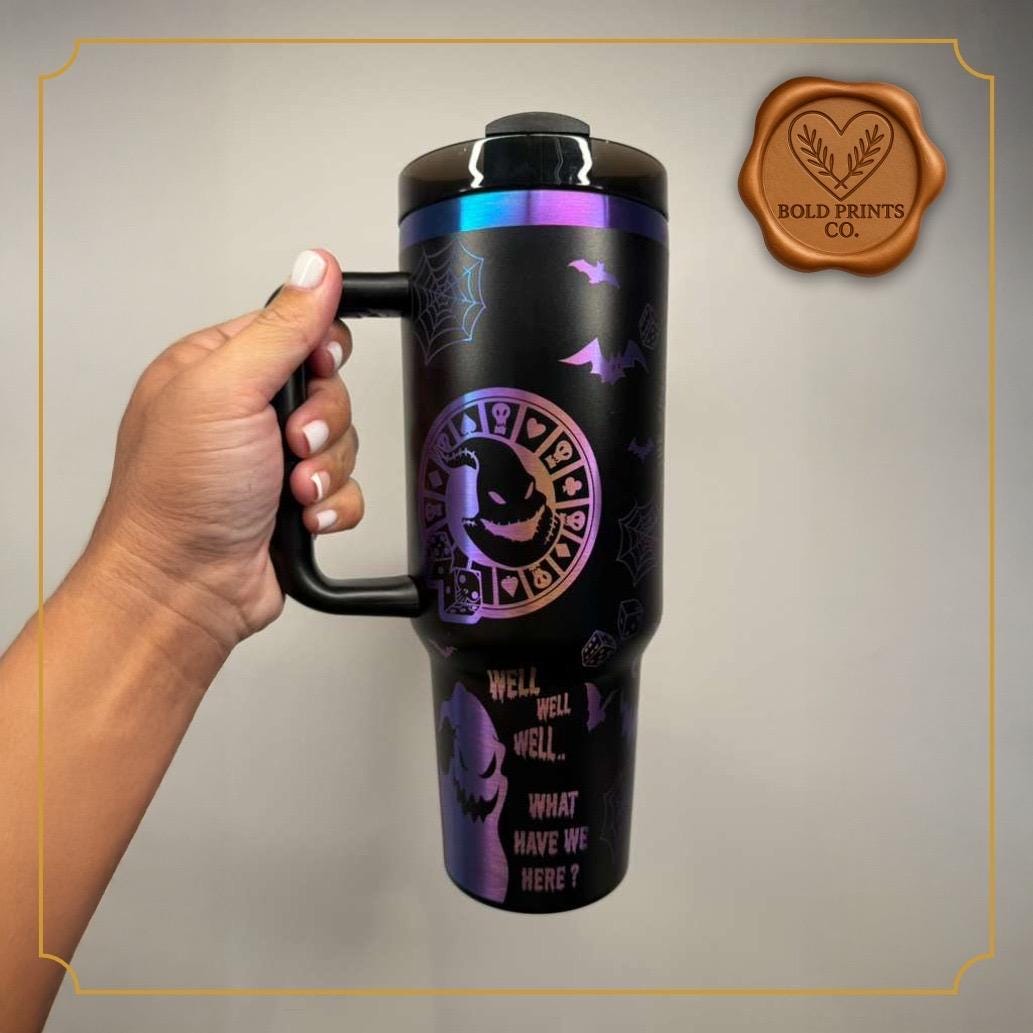 Side view of an Oogie Boogie-inspired engraved 40 oz tumbler