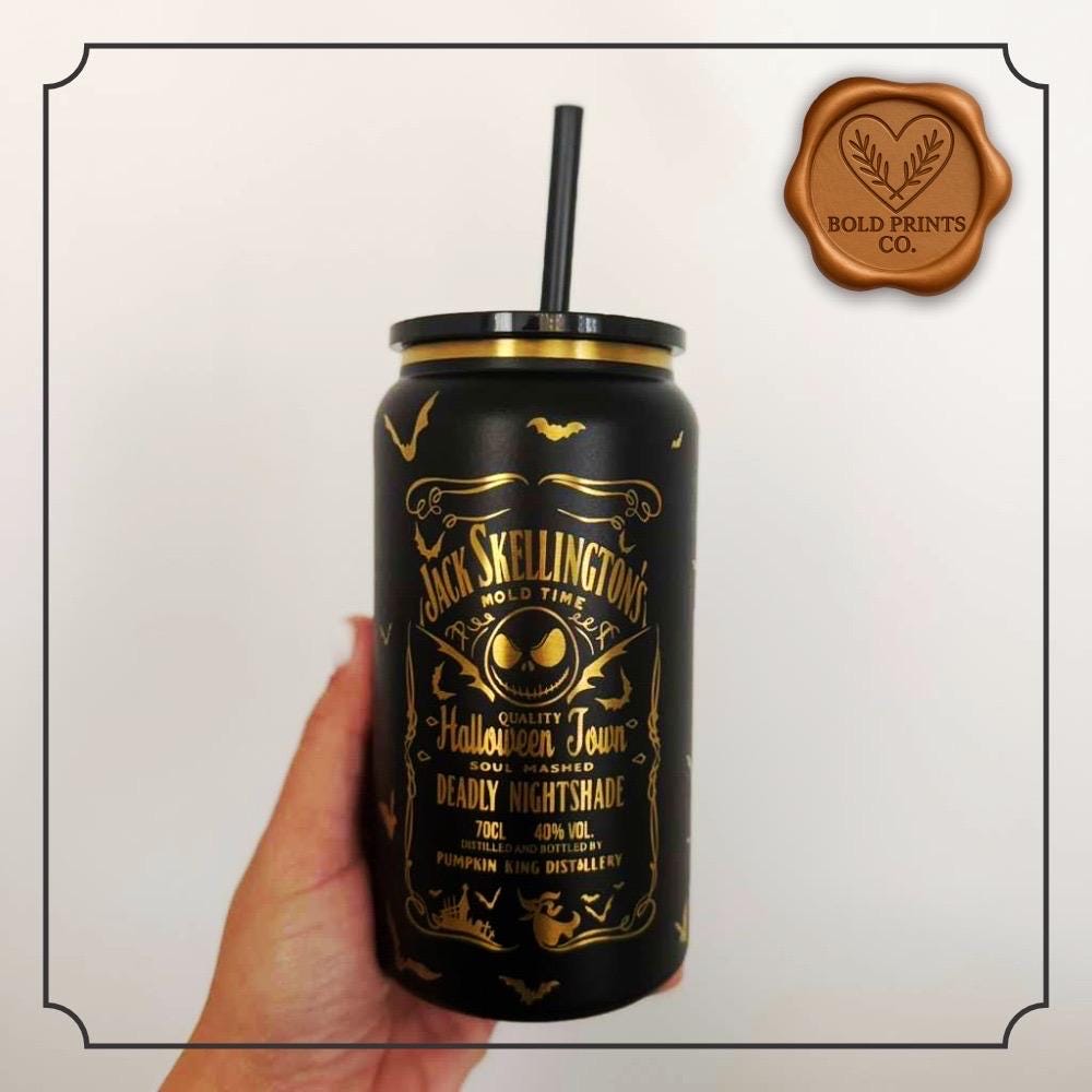 Black 16 oz tumbler with straw and Jack-inspired engraving