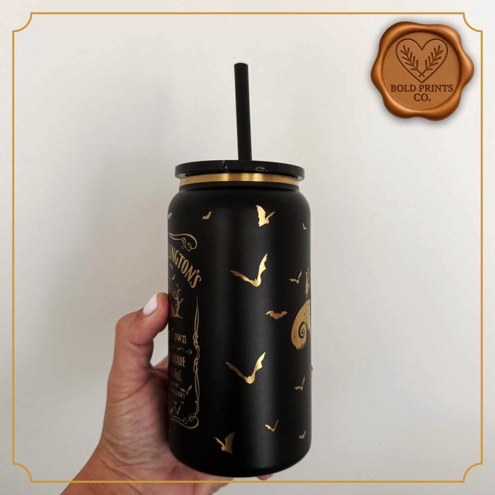 Back of a black 16 oz gothic Halloween tumbler