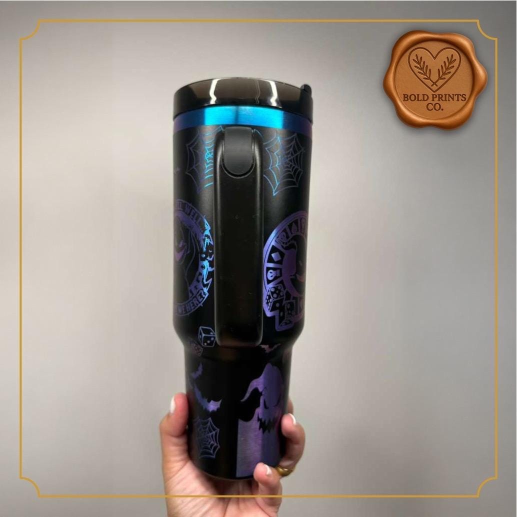 Black 40 oz tumbler handle and iridescent engraved details