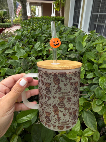 Frosted glass can cup with Halloween print, bamboo lid and pumpkin straw topper
