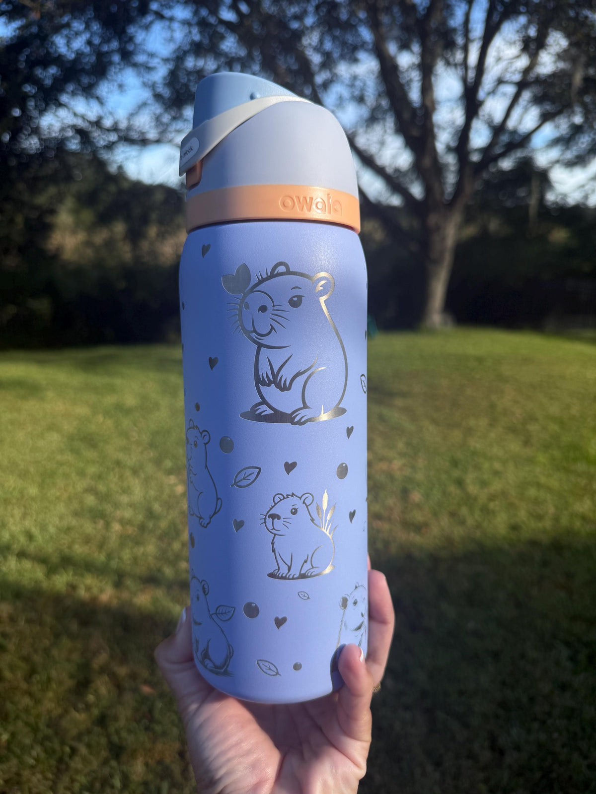Periwinkle engraved capybara Owala water bottle