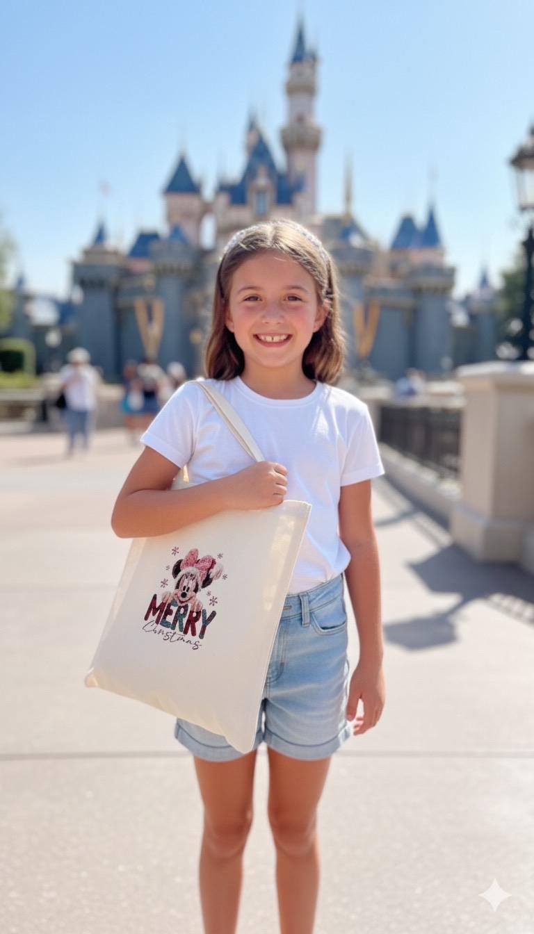 Girl carrying a Christmas character tote bag