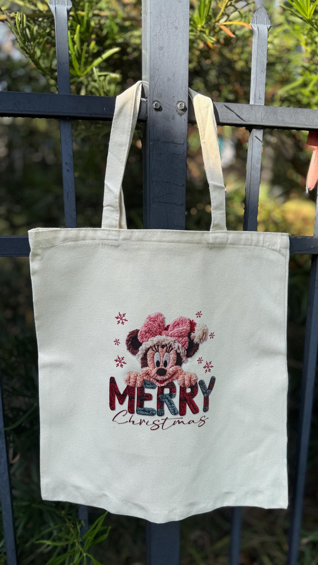 Cotton canvas tote bag with a Minnie-inspired Merry Christmas print