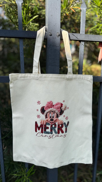 Cotton canvas tote bag with a Minnie-inspired Merry Christmas print