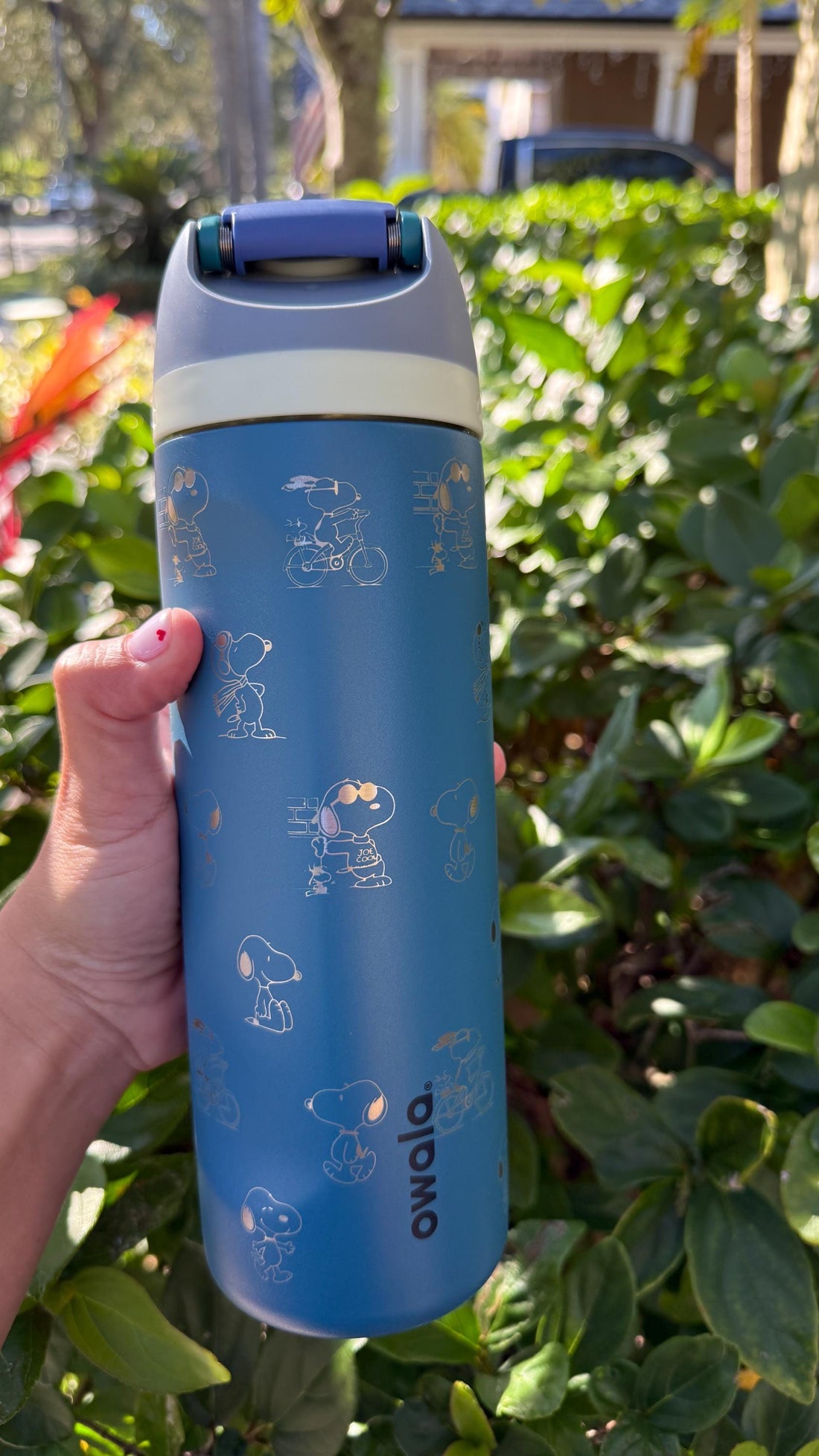 Denim blue Owala FreeSip laser engraved with minimalist Snoopy designs