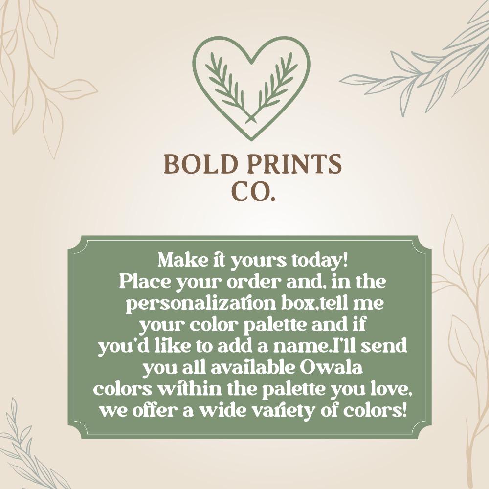Bold Prints Co. card explaining how to add a name and choose your Owala color in the personalization box