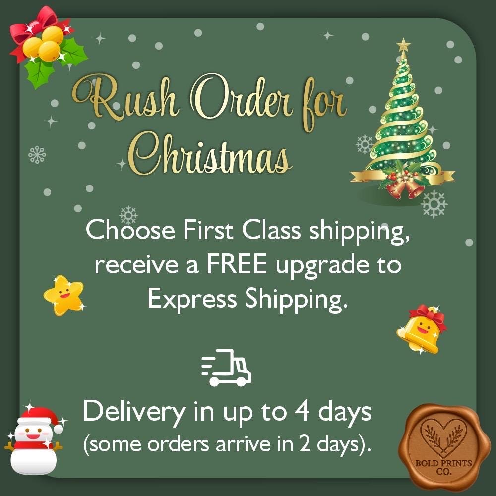 Christmas rush order card about First Class shipping upgrade