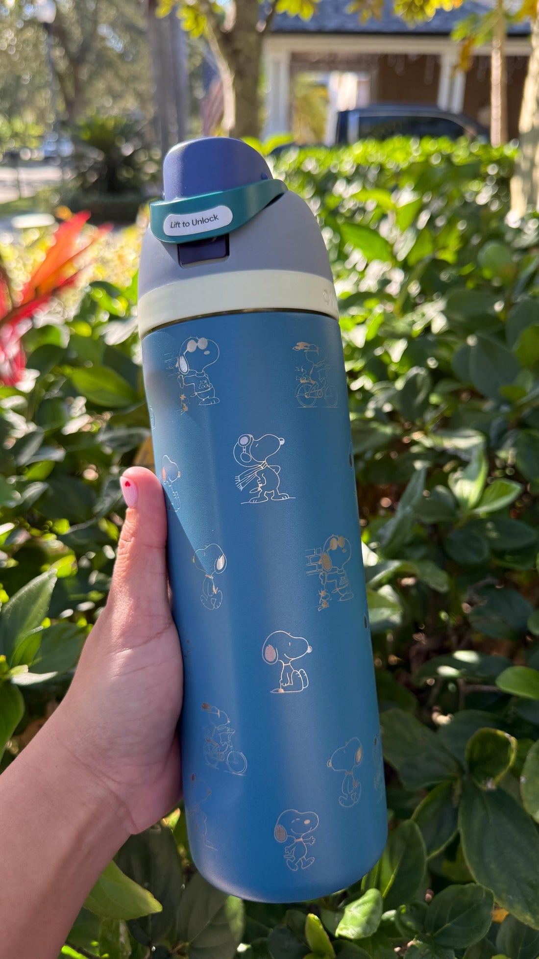 Denim blue Owala FreeSip laser engraved with minimalist Snoopy designs