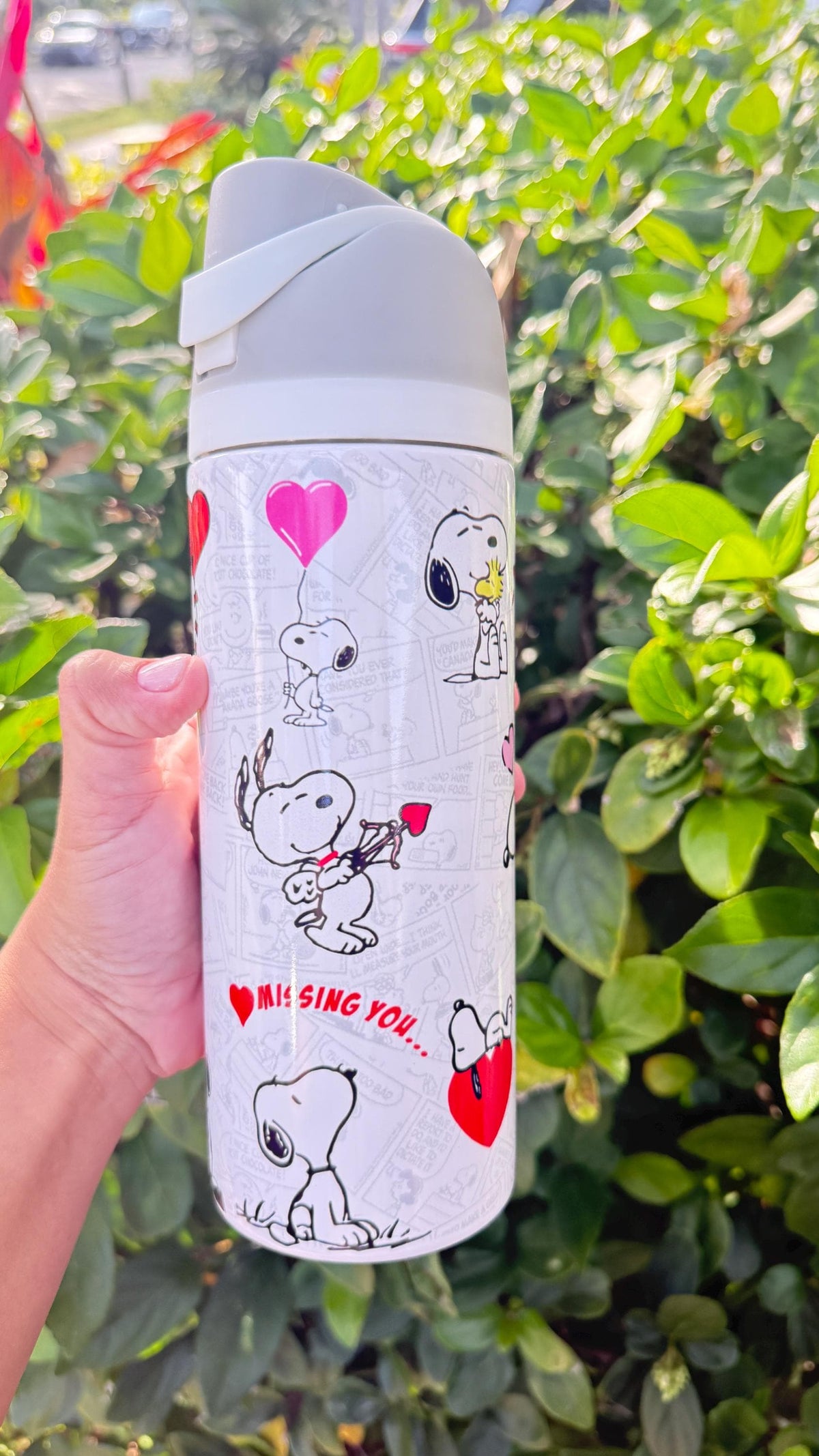 Close-up of the heart details on a Snoopy Valentine's Day tumbler