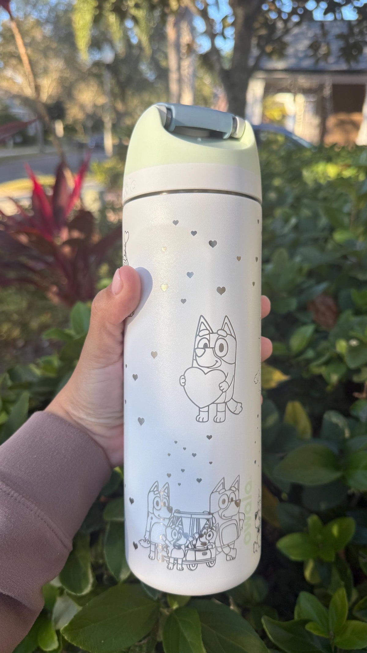 Back of a white Bluey Valentine's Owala FreeSip