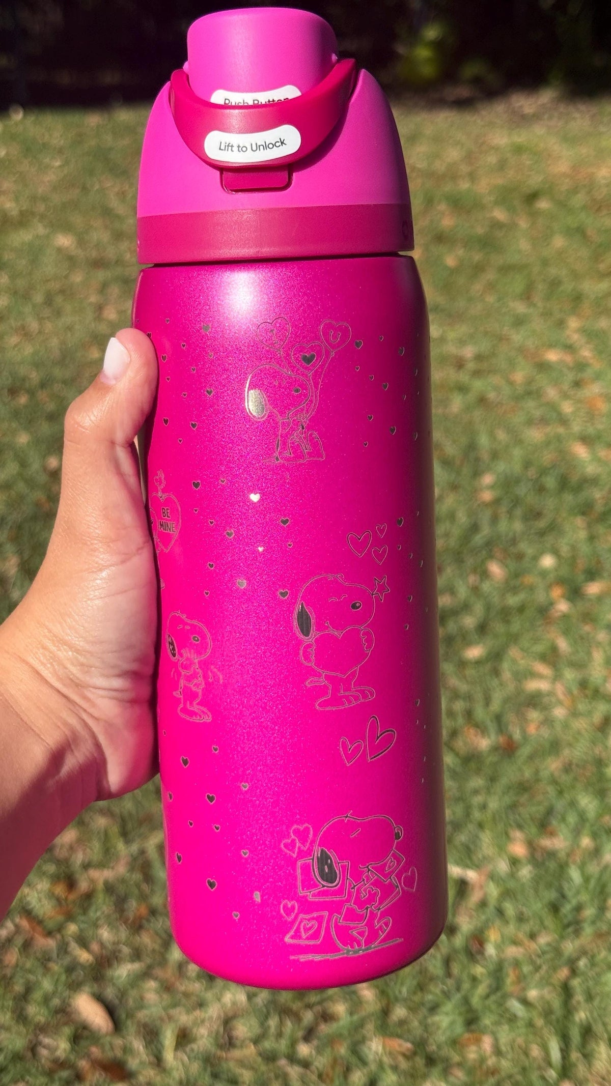 Hot pink Owala FreeSip engraved with Snoopy and hearts