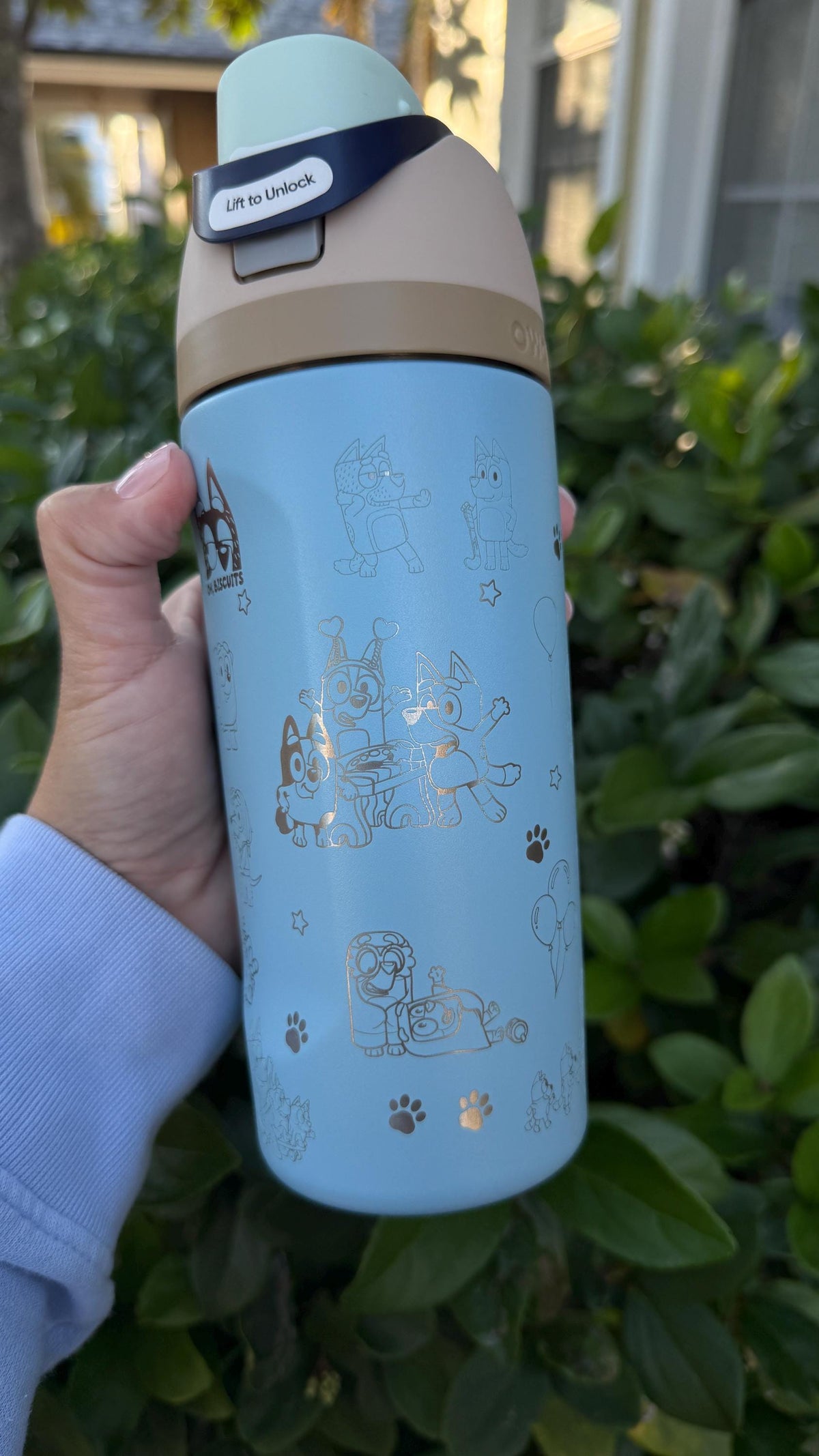 Engraved Bluey-inspired characters wrapping around a light blue Owala