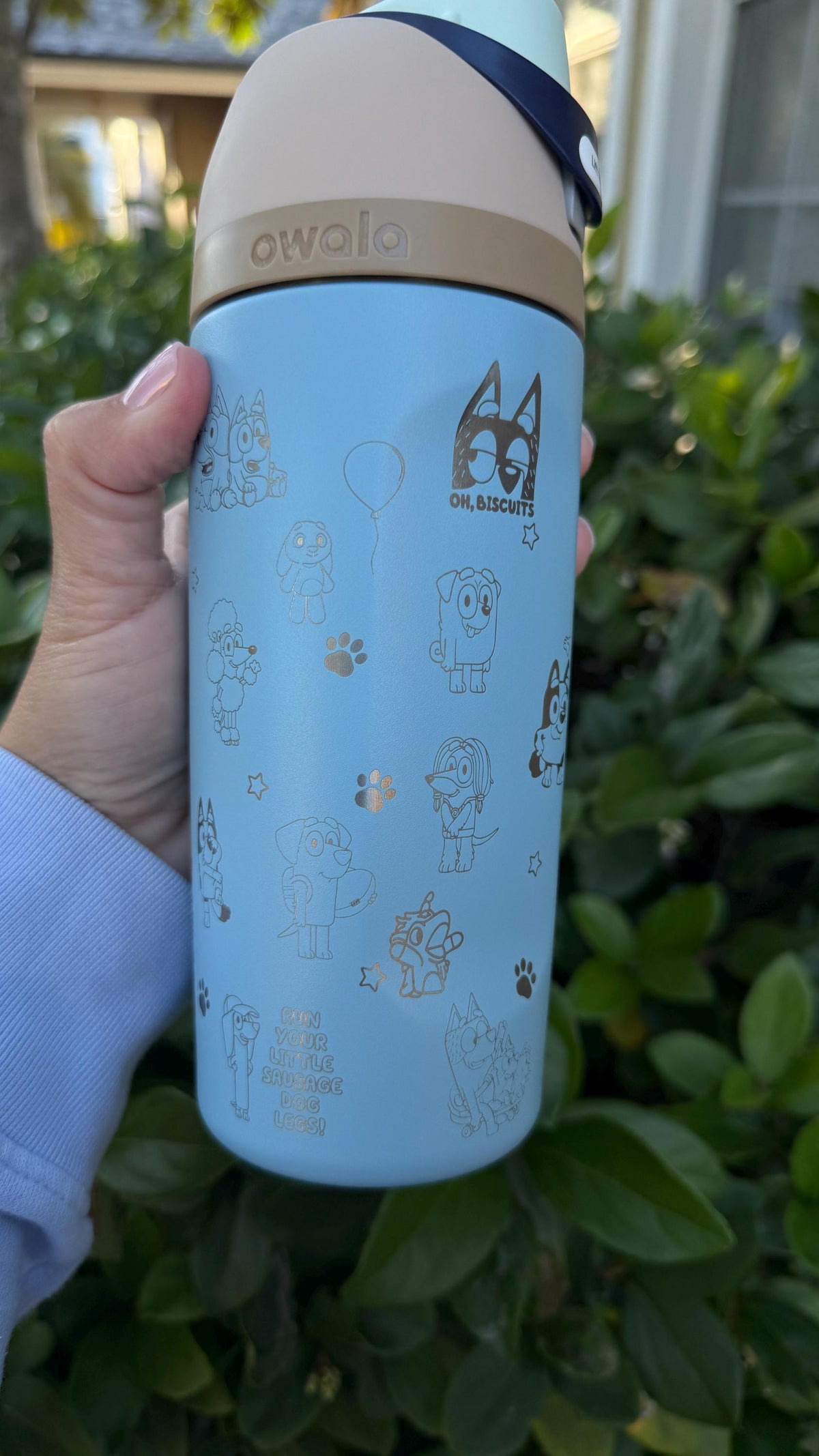 Close-up of Bluey-inspired character engraving on a light blue Owala
