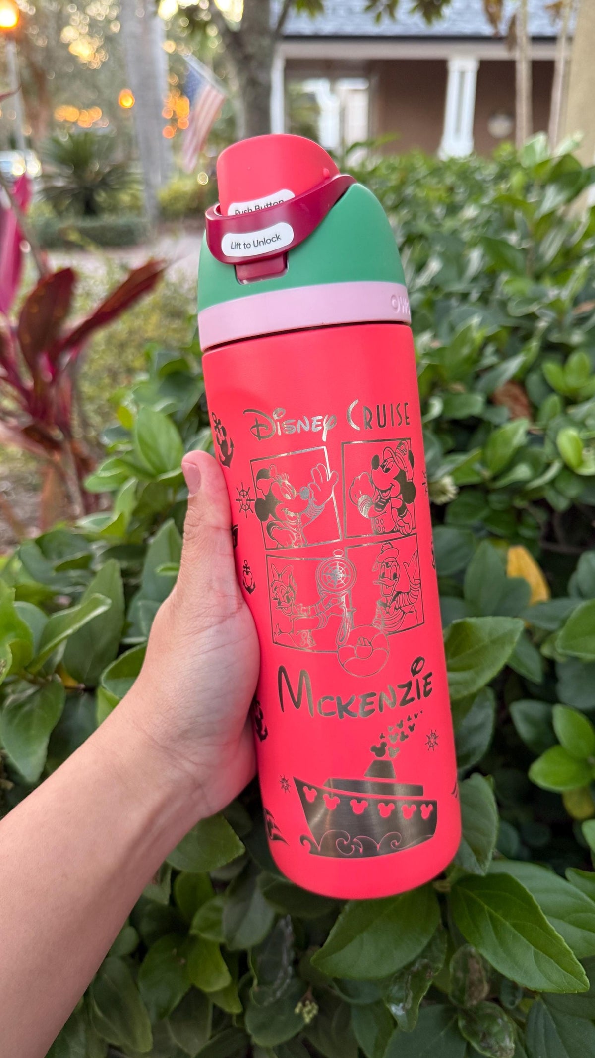 Coral Owala FreeSip laser engraved with a Disney cruise-inspired vacation design