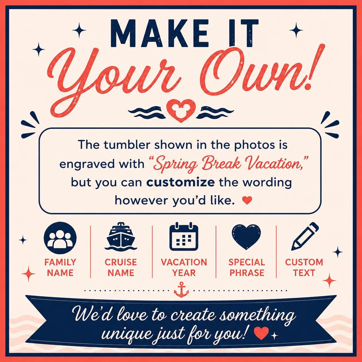 Make It Your Own card explaining the engraved wording can be customized