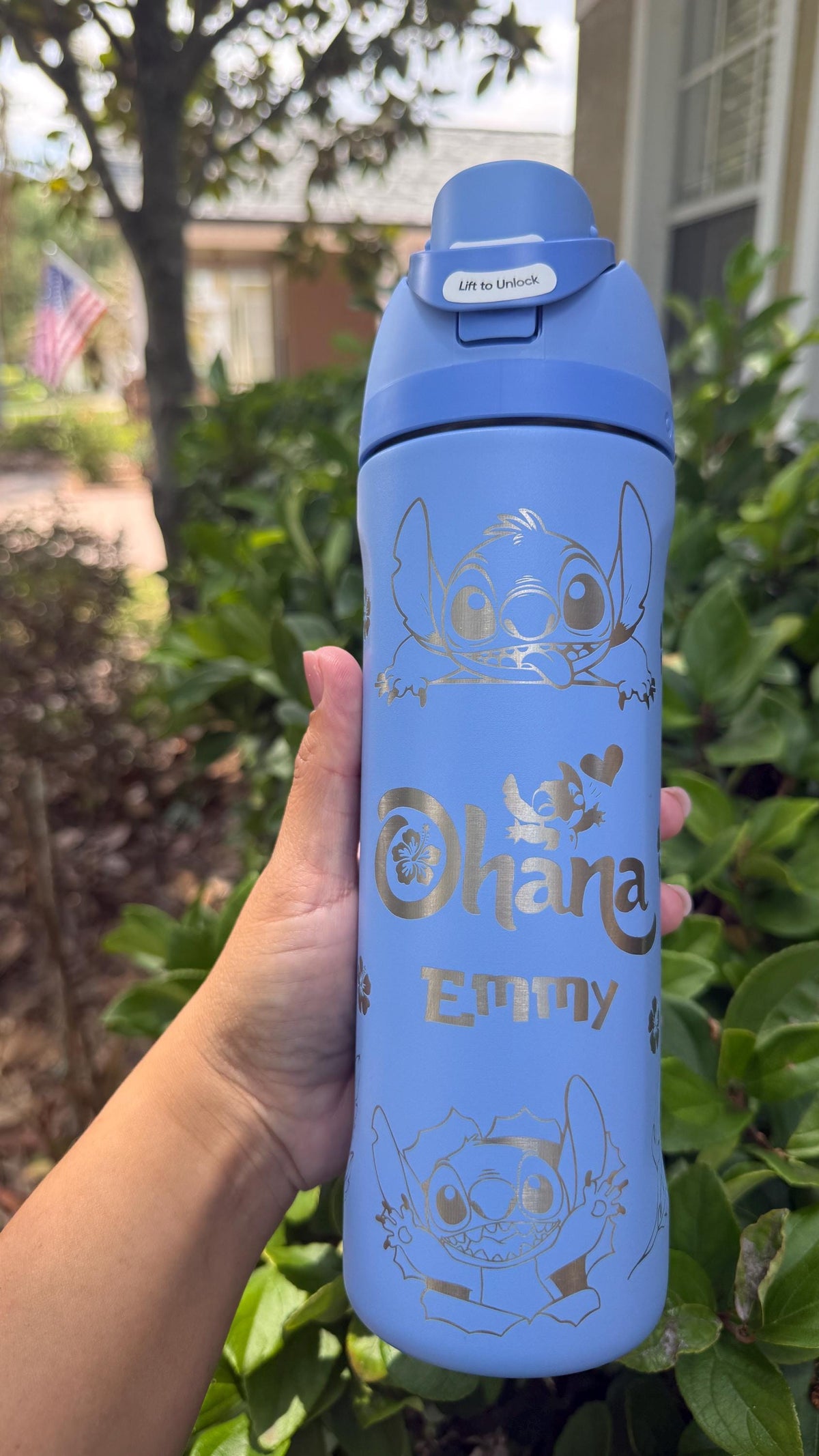 Periwinkle blue Owala FreeSip laser engraved with Stitch, Ohana and a custom name