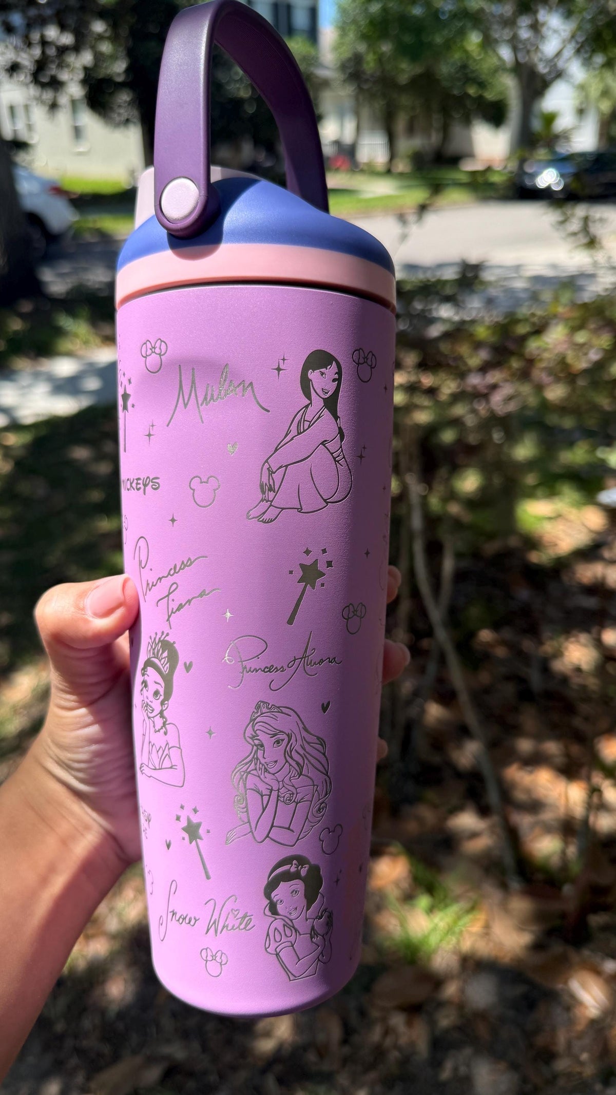 Close-up of fairy tale engraving on a lilac Owala FreeSip Sway