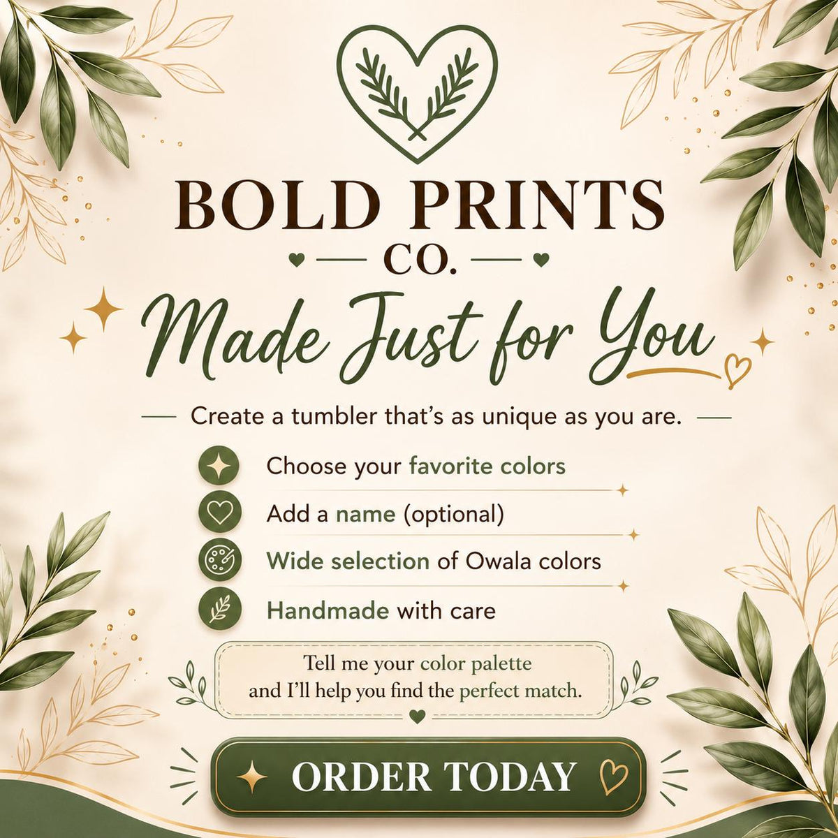 Bold Prints Co. Made Just for You card outlining how custom orders work