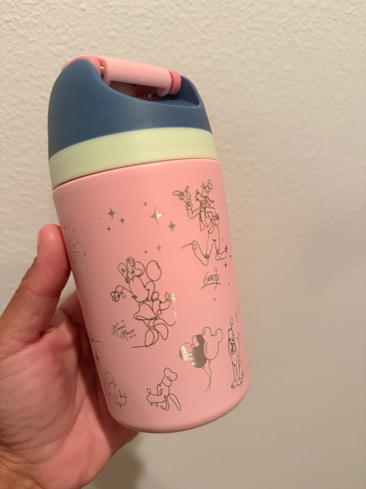 Side view of a pink engraved kids FreeSip bottle