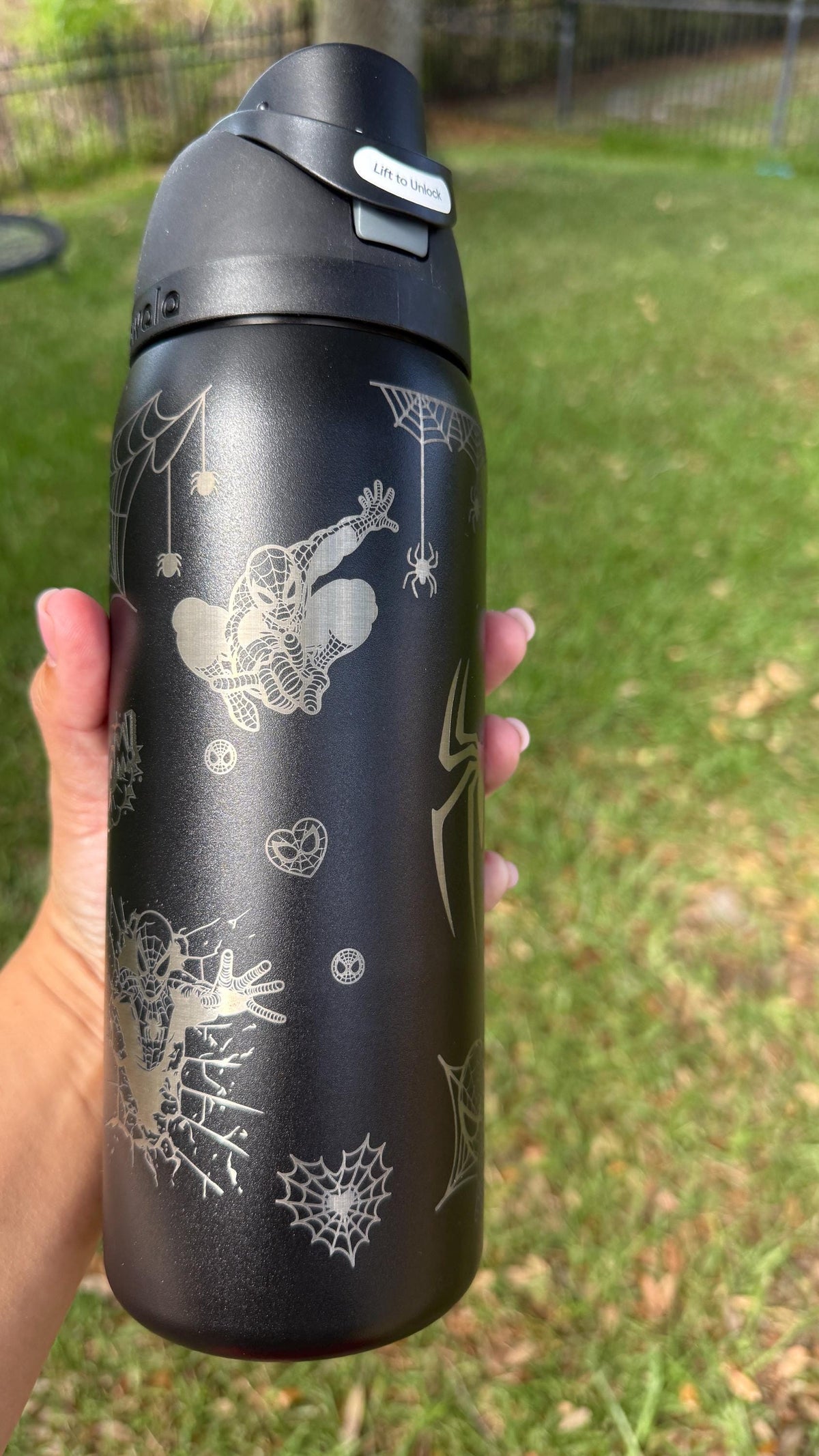 Dark Owala FreeSip with laser engraved Spider-Man design