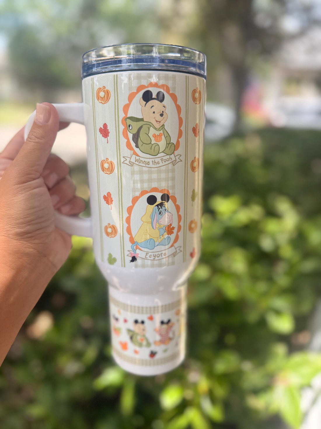 40 oz printed tumbler with handle featuring a Winnie the Pooh fall design