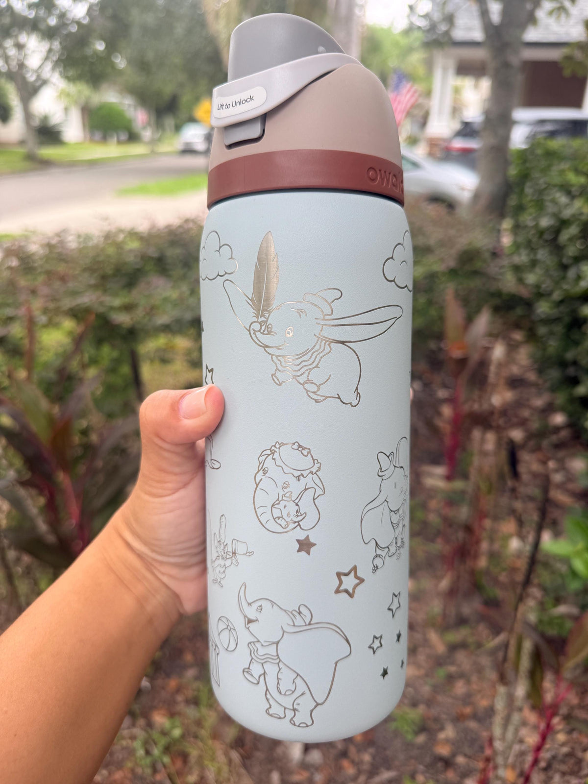 Close-up of the feather and stars engraving on a Dumbo-inspired Owala