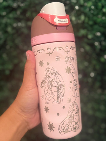 Light pink Owala FreeSip laser engraved with a Rapunzel-inspired design
