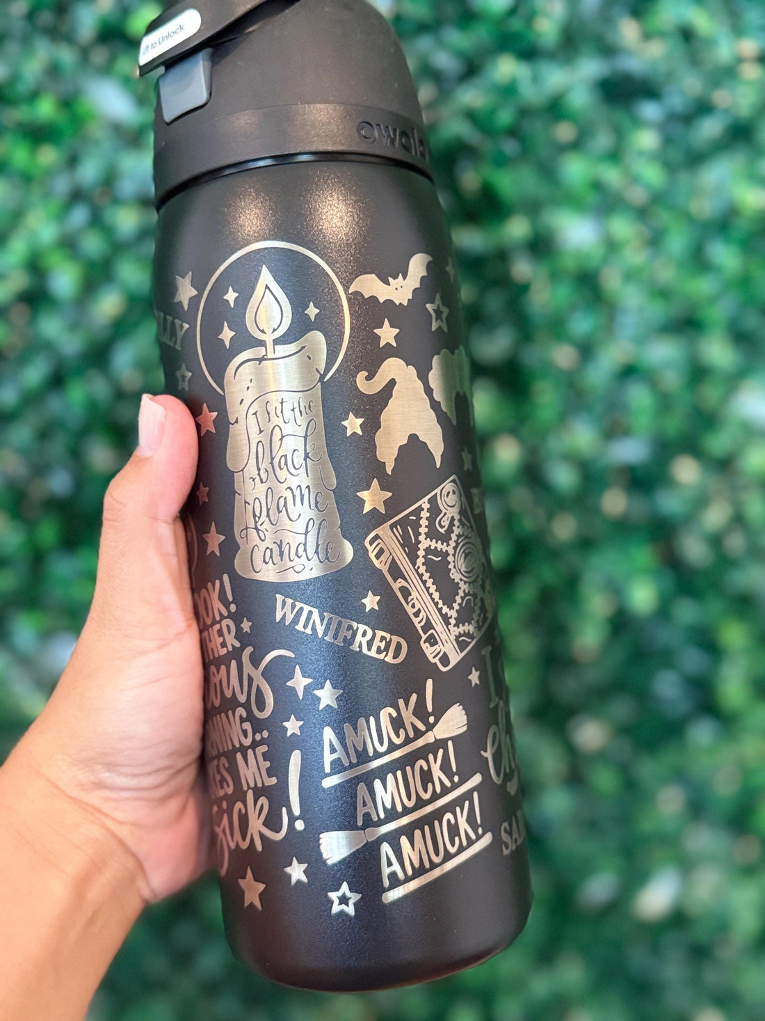 Black Owala FreeSip laser engraved with Hocus Pocus-inspired Halloween artwork and a name