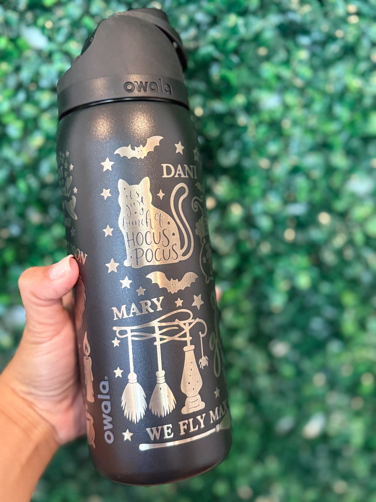 Full view of a Hocus Pocus-inspired laser engraved Owala tumbler