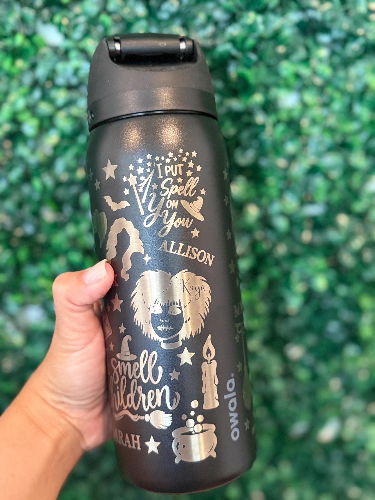Black Owala FreeSip with engraved Halloween quotes and a personalized name
