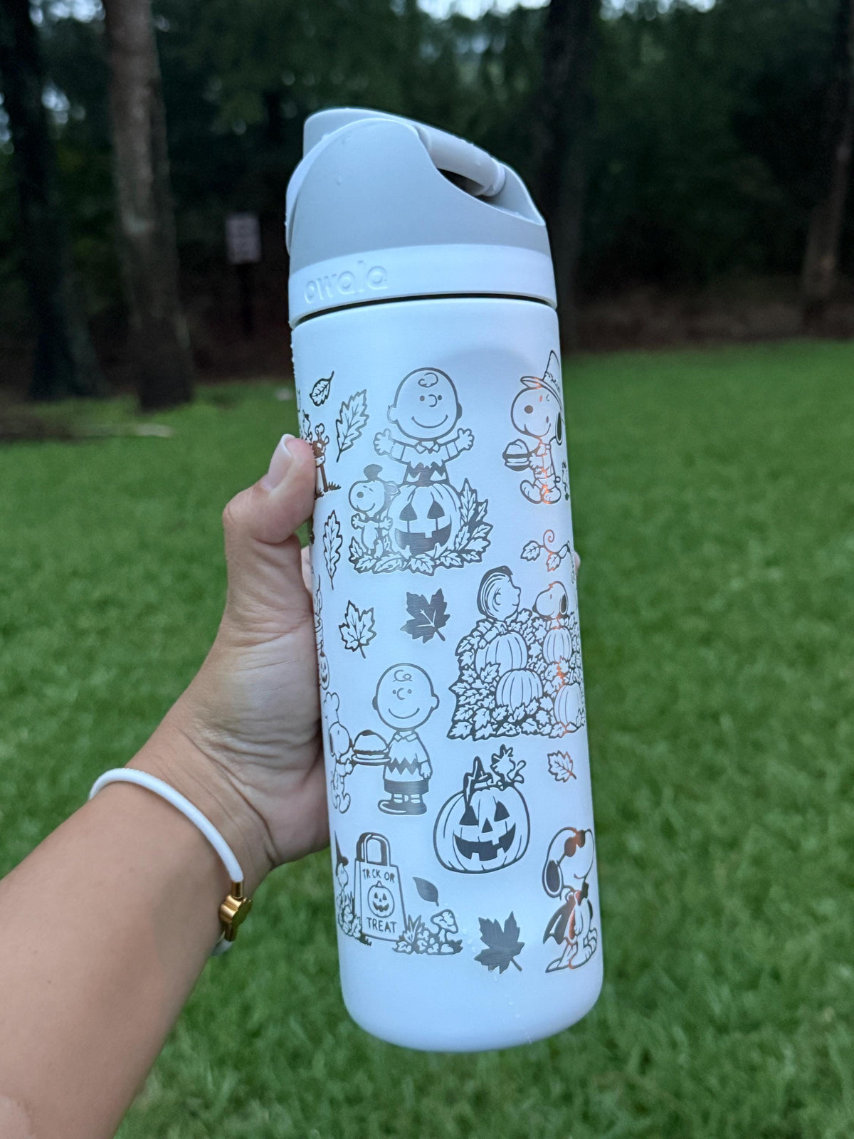 Close-up of Peanuts Halloween engraving on a light blue Owala water bottle