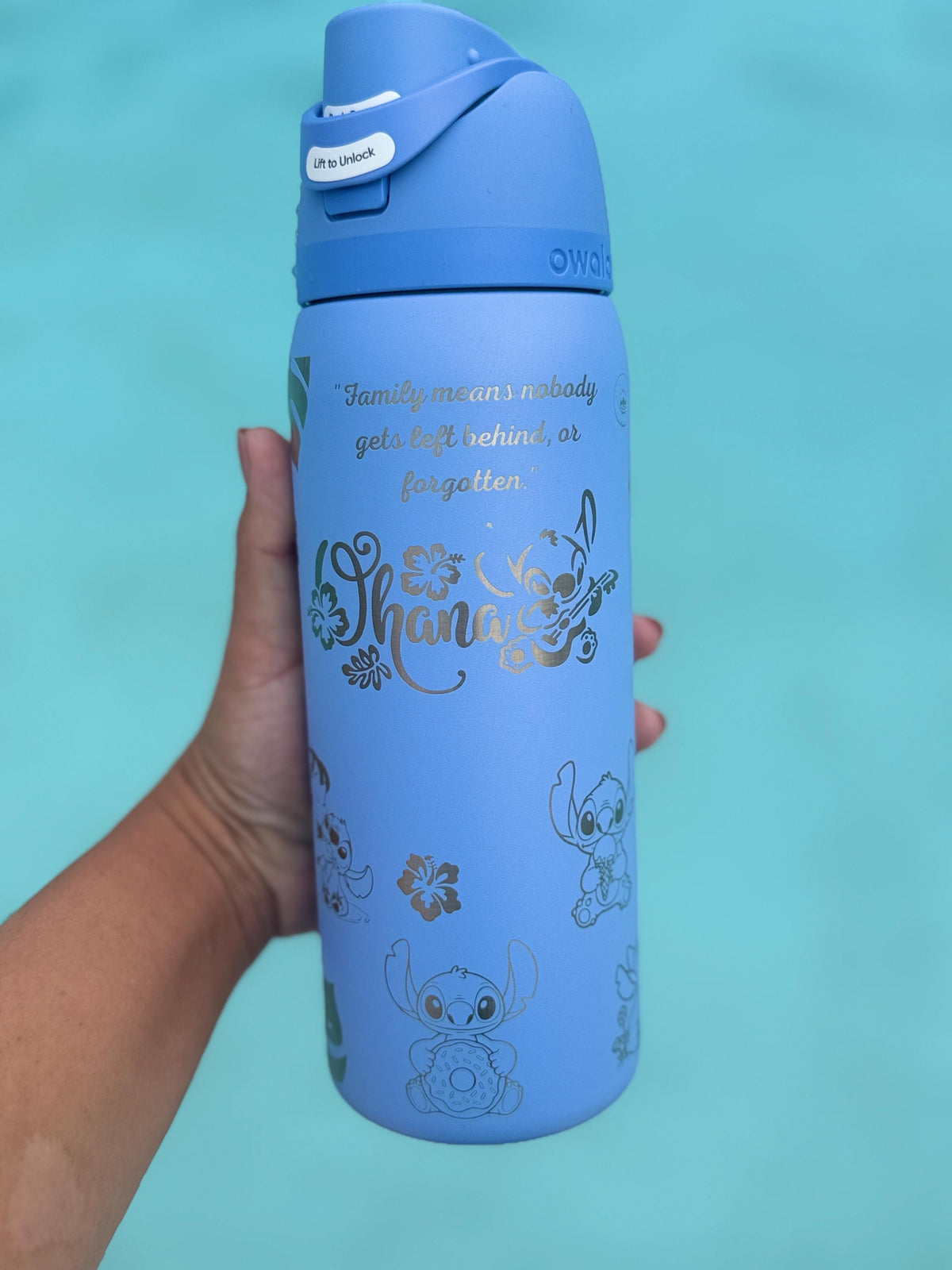 Close-up of Stitch-inspired engraving on a blue Owala