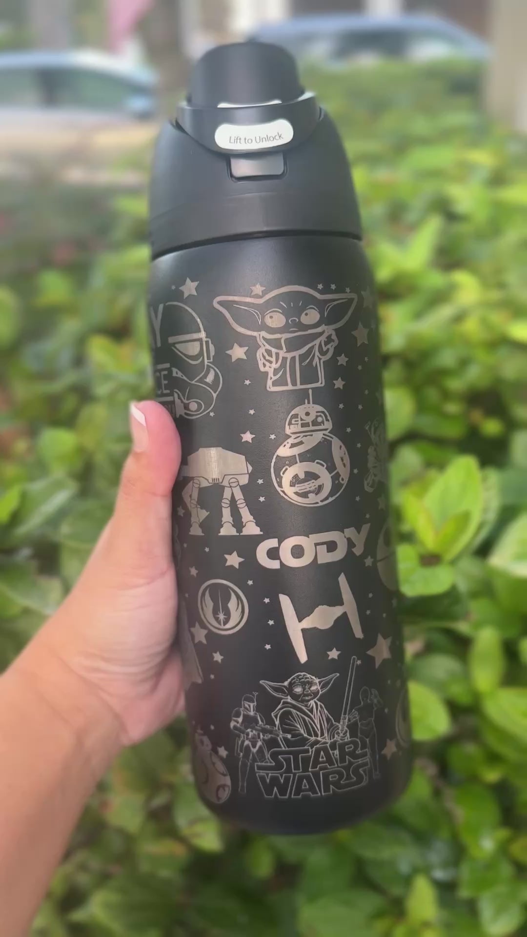 Video of a Star Wars-inspired laser engraved black Owala FreeSip